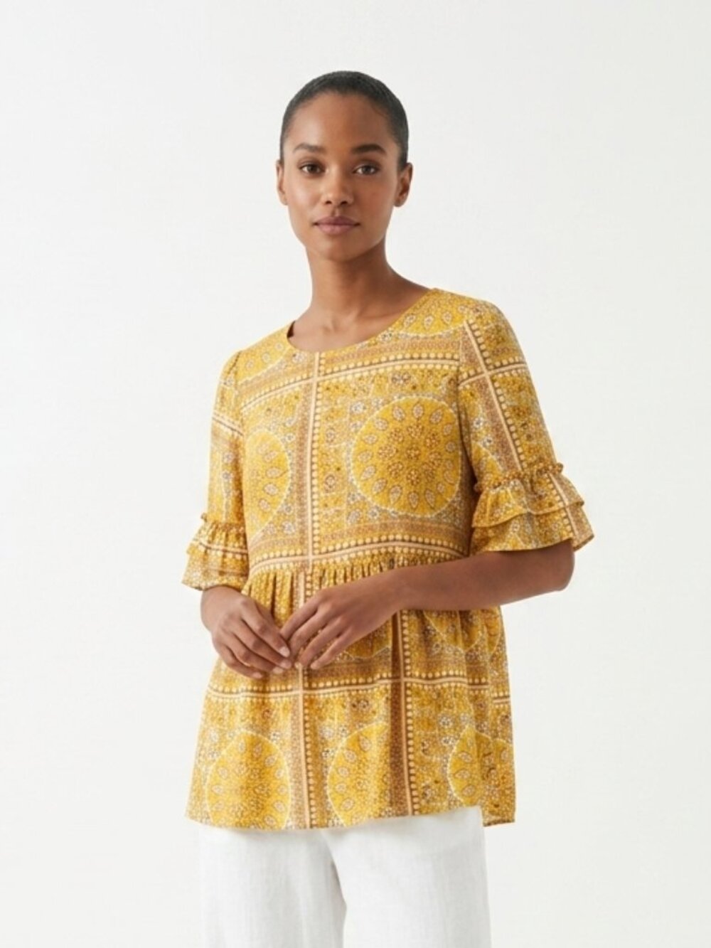 Hayden Blouse Yellow Boho Festival Casual Tiered Summer Tunic M